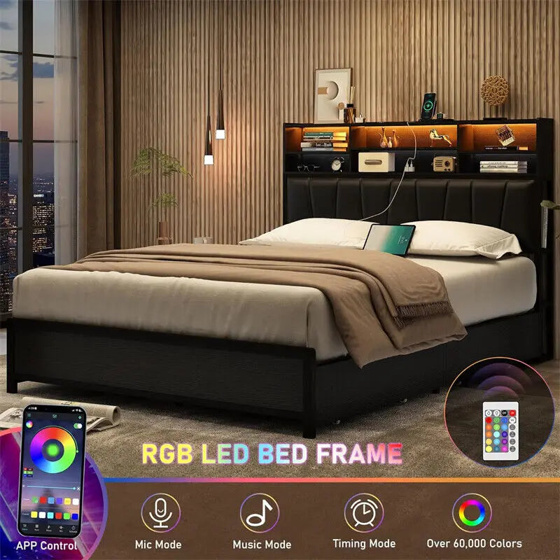 Queen/Full Size Bed Frame Platform Bed, adult and adolescent double beds with LED lights and drawers, single beds, modern beds
