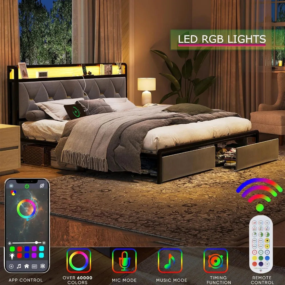 King Size LED Bed Frame with Storage Headboard and Drawers, Upholstered Platform Bed Frame Metal Slats Support Bed Frame