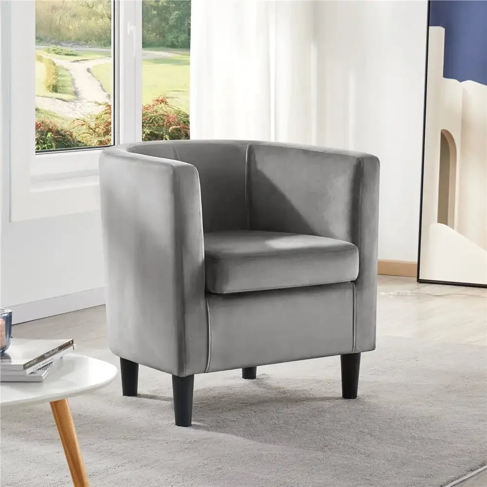 Contemporary Barrel Accent Arm Chair, Gray Velvet lounge chair sofa set living room furniture