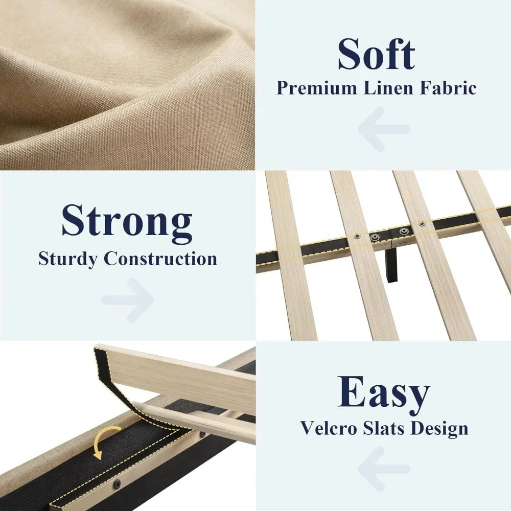 King Size Bed Frame With Adjustable Headboard, Upholstered Platform Bed With Wood Slats, Heavy Duty Mattress, Beige Bed Frame