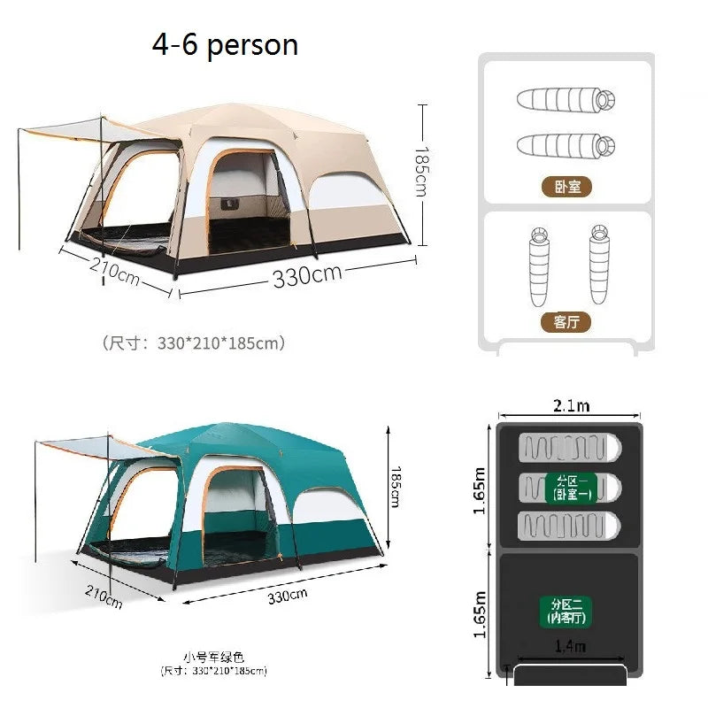 Family Camping Tent Double Layers Waterproof 4-8 Person 320x210x190cm One Bedroom One Livingroom Large Tent