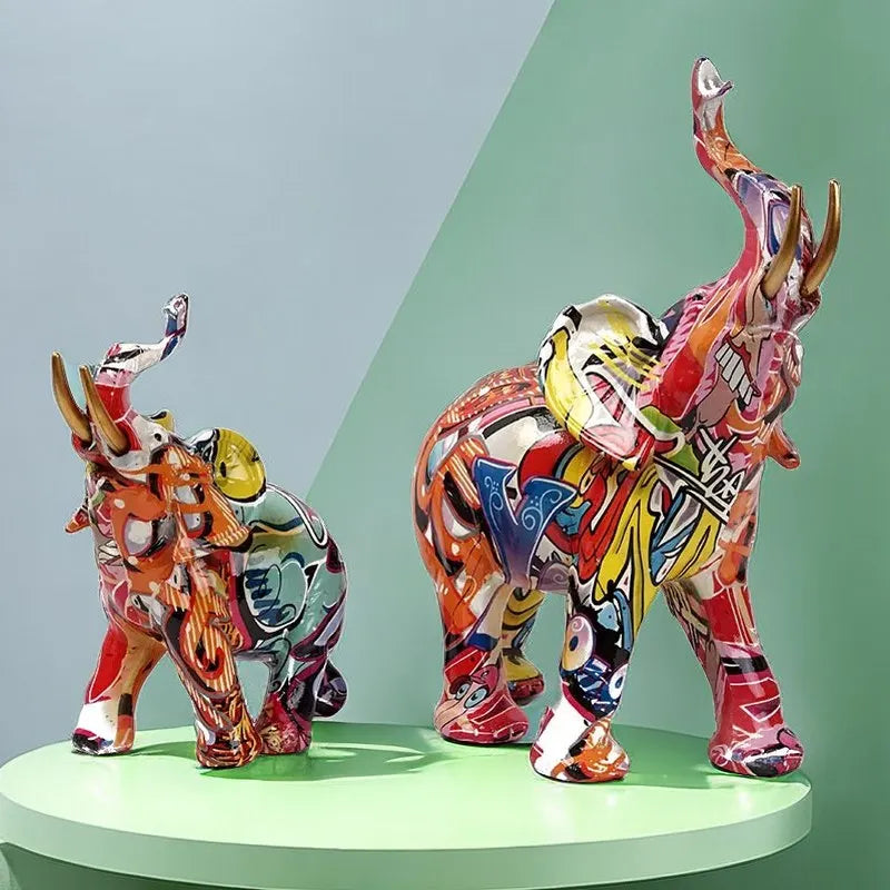 Vilead Graffiti Elephant Sculpture Resin Animal Statue Modern Pop Street Art Figurines Home Living Room Decoration Interior