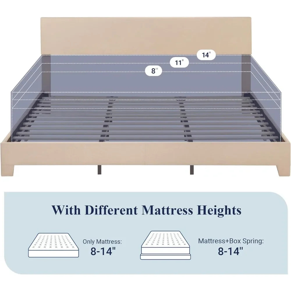 King Size Bed Frame With Adjustable Headboard, Upholstered Platform Bed With Wood Slats, Heavy Duty Mattress, Beige Bed Frame