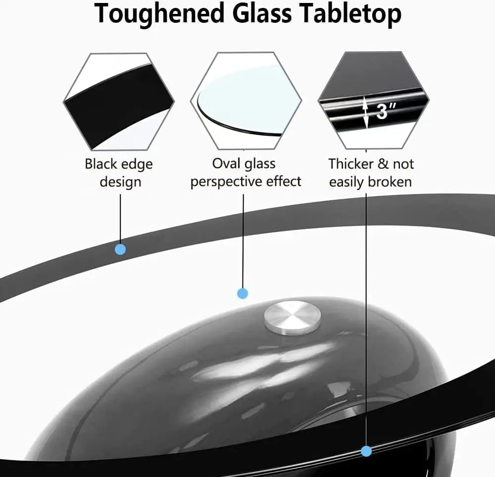 Contemporary Black/White Oval Glass Coffee Table with Round Hollow Base-Modern End Side Table for Home Living Room Furniture