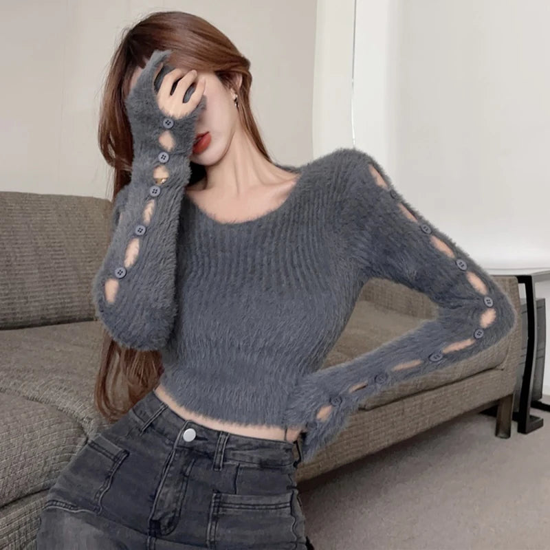 Women Y2k Vintage O Neck Cropped Sweater Solid Sexy Pullover Autumn Aesthetic Hollow Out Long Sleeve Casual Tops Knitwear