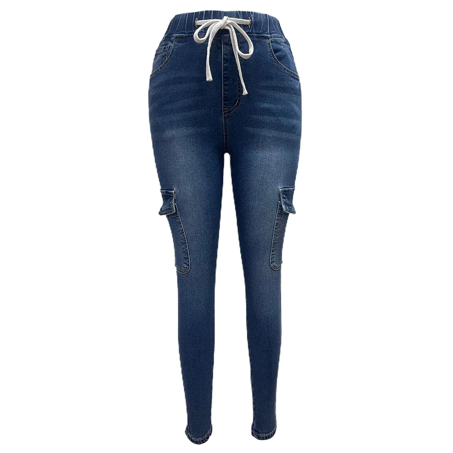 Women Casual Workout Jeans Drawstring Elastic Waist Denim Trousers Fashion Slim Fit Hip Lift Leggings Vintage Blue Pencil Pants