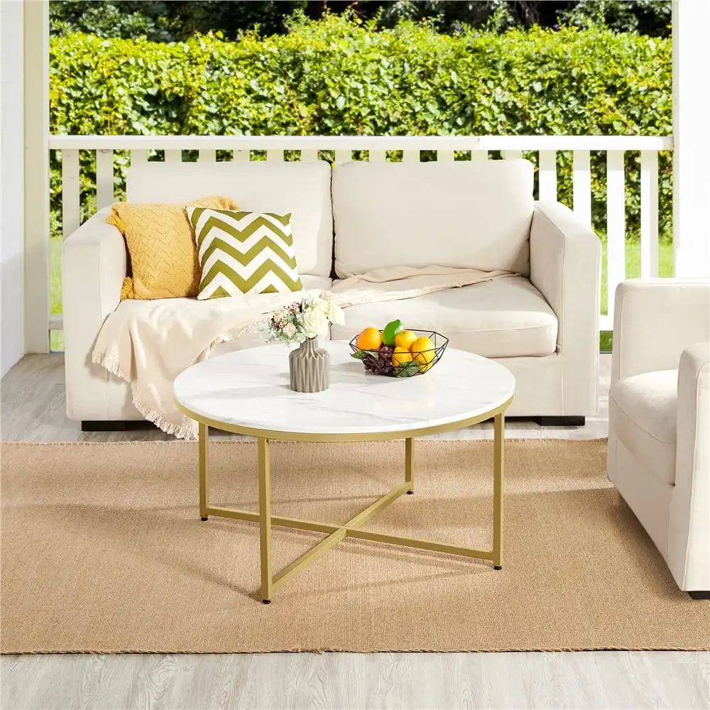 Modern Round Faux Marble Coffee Table, Gold Accent Side End Table for Living Room Furniture