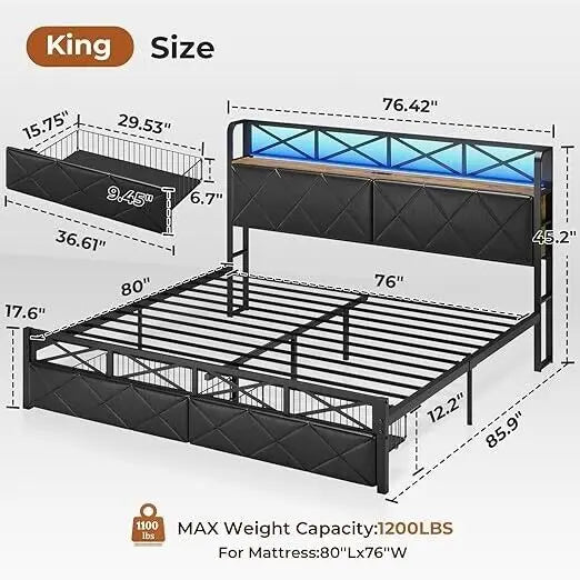 King Bed Frame with Hidden Storage Headboard Outlet 2Drawers&Led Metal Platform,Double beds for adults and teenagers, single bed