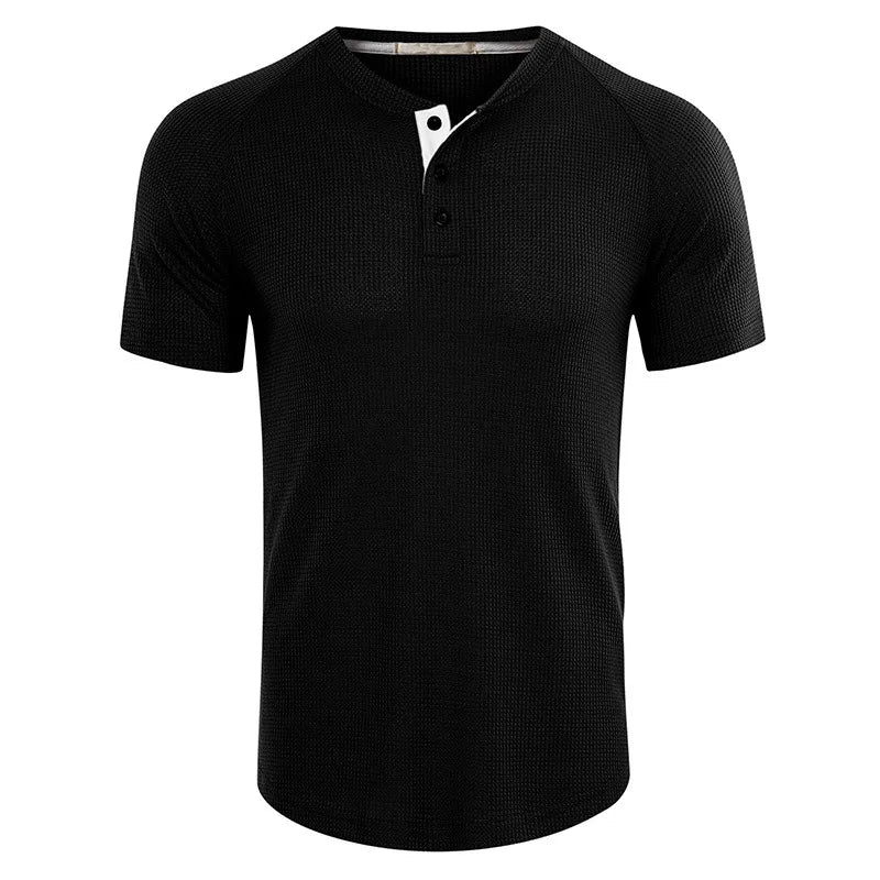 High Quality Summer Men's Tshirt Casual Short Sleeve Henry Collar T Shirt for Men Solid Color Tops Tees Mens Clothing US Size