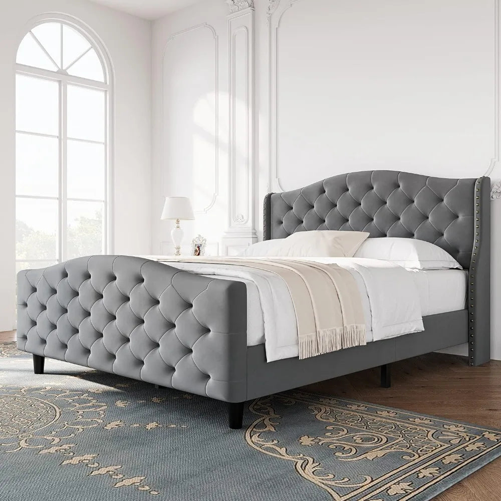 Bed frame, with tufted wing back headboard and footboard, padded table bed, velvet king size bed frame