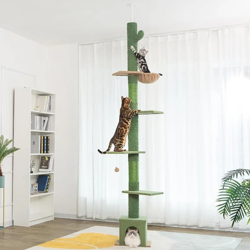 Floor to Ceiling Cat Tree Ajustable Height 6 Tiers Cat Tower Fit for Feet Ceiling with Cat Condo Hammock and Sisal Covered Post