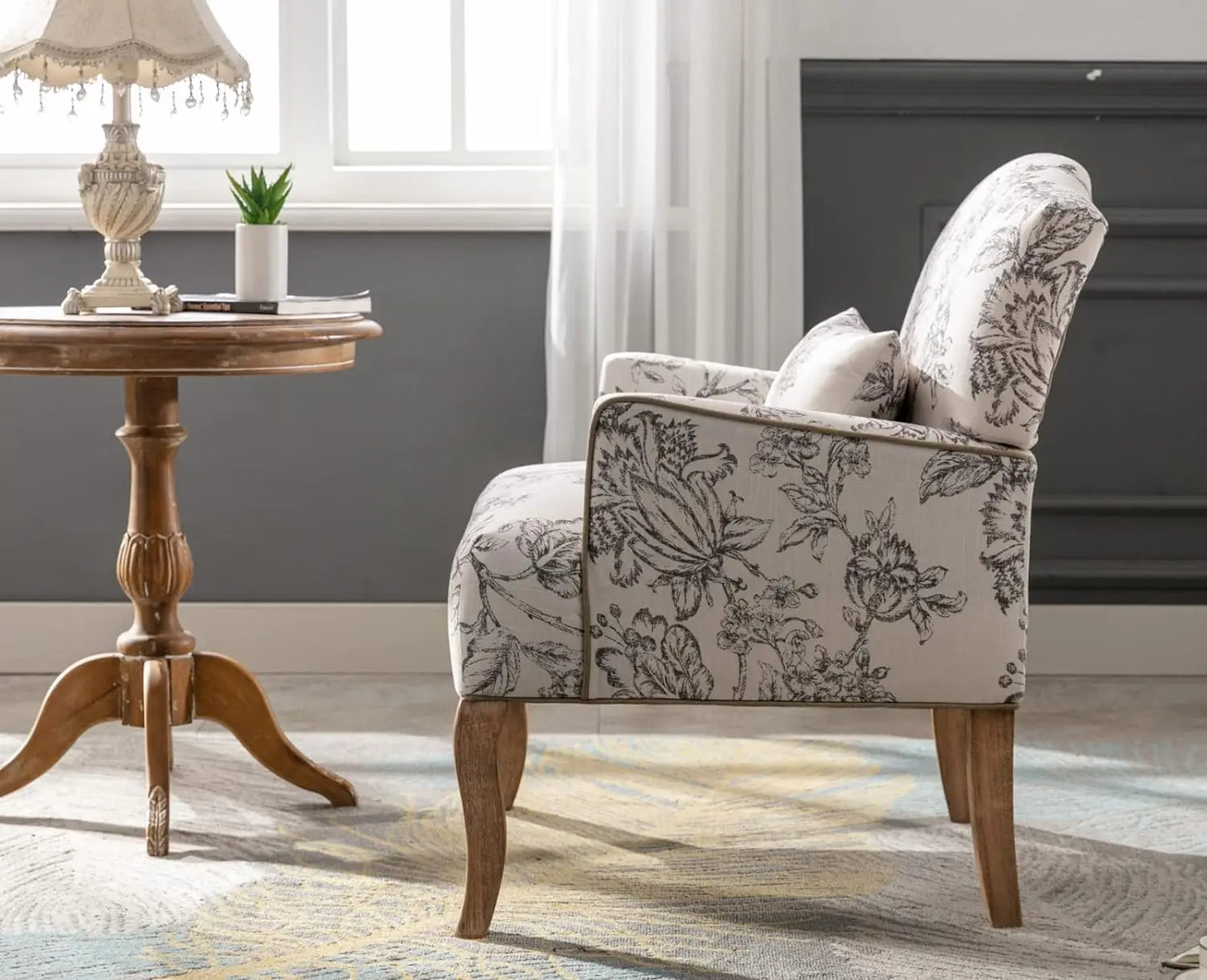 Mid Century Accent Chair Modern Floral Armchair Wingback Club Chair Upholstered Fabric Single Sofa Lounge Chair with Pill