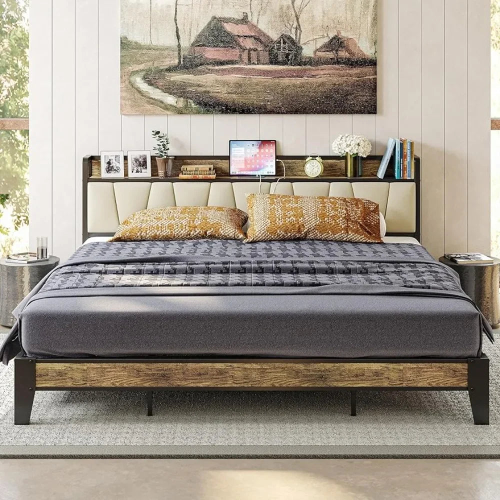 King Size Bed Frame, Storage Headboard with Charging Station, Solid and Stable, Easy Assembly Bed Frame