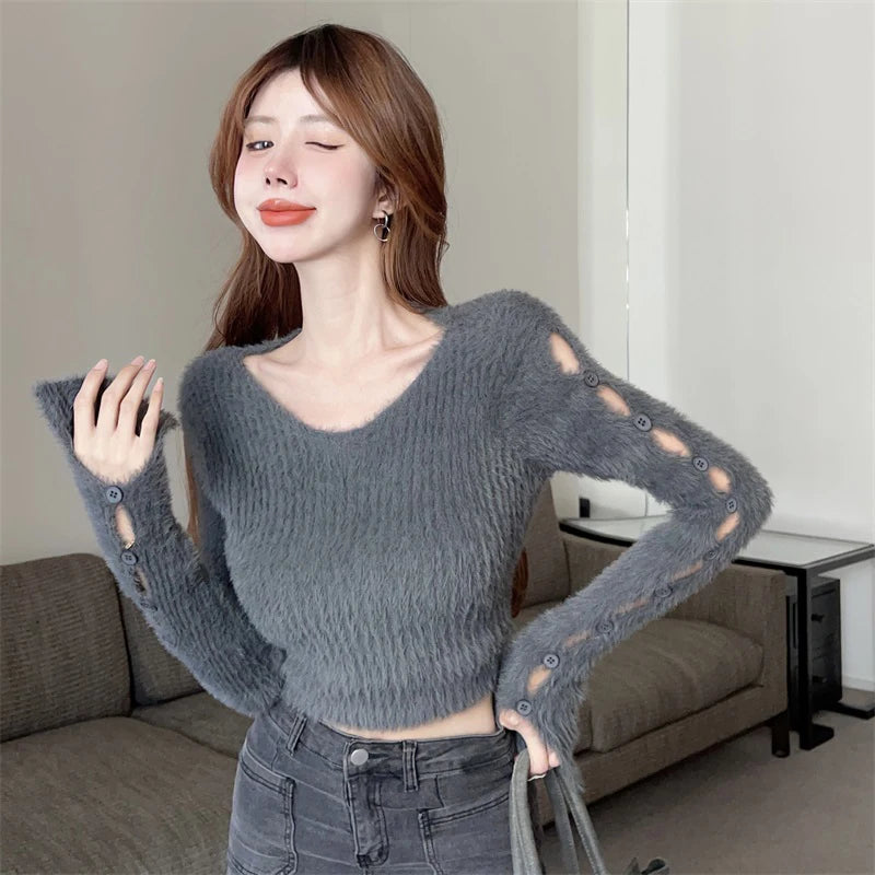 Women Y2k Vintage O Neck Cropped Sweater Solid Sexy Pullover Autumn Aesthetic Hollow Out Long Sleeve Casual Tops Knitwear