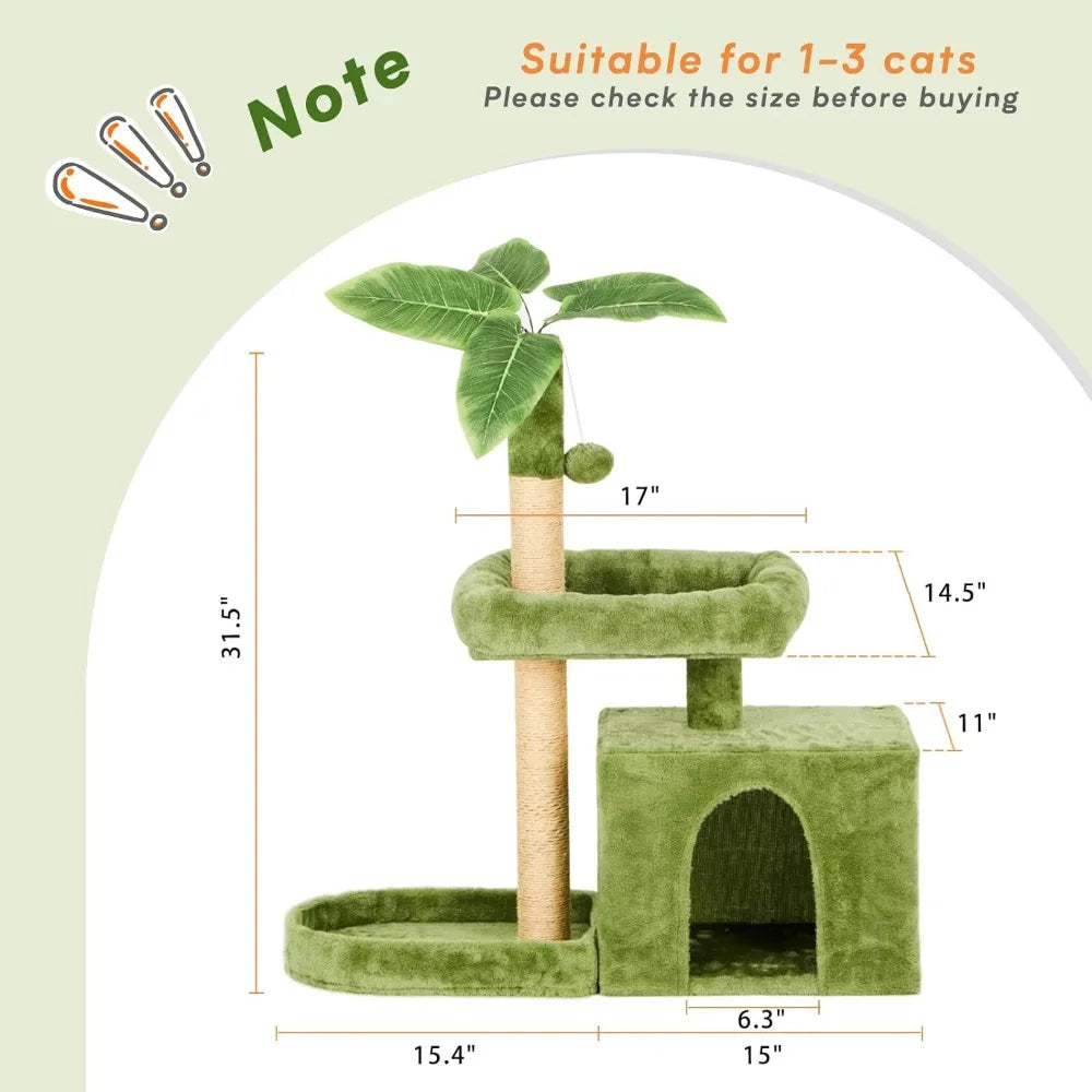 TSCOMON 31.5" Cat Tree / Tower for Indoor Cats with Green Leaves, Cat Condo Cozy Plush Cat House with Hang Ball and Leaf Shape