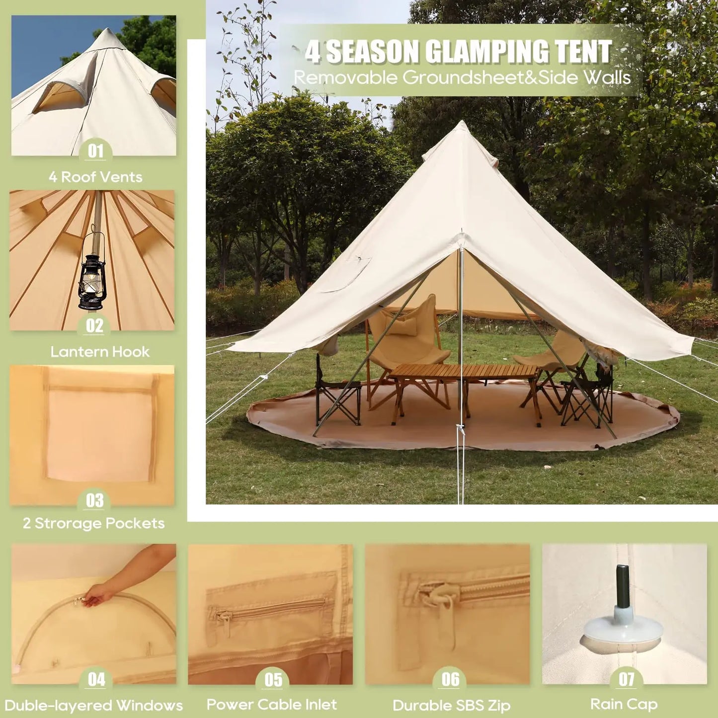 Customized Luxury Waterproof Cotton Tent Canvas Large Family Camp Beige Color Dome Bell Tent For Camping