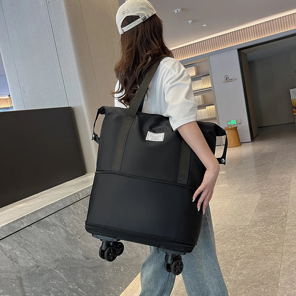Folding Luggage Bags Expandable Rolling Duffle Pack with Wheel Large Capacity Oxford Clot Dry-Wet Separation Outdoor Travel Bag