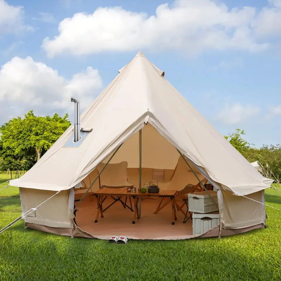 Customized Luxury Waterproof Cotton Tent Canvas Large Family Camp Beige Color Dome Bell Tent For Camping