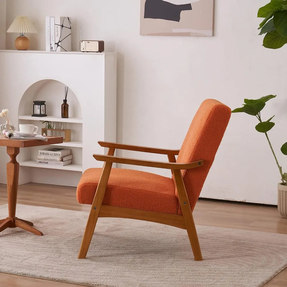 Mid-Century Accent Chair Modern Retro Leisure Chair with Solid Wood Frame Upholstered Teddy Fleece Fabric Single Sofa Armchair