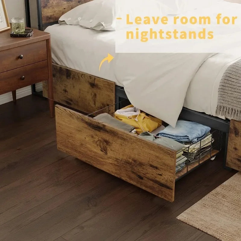 HAUSOURCE Queen Bed Frame with Storage Headboard 4 Drawers LED Lights Metal Platform Non-Slip Without Noise Mattress Foundation