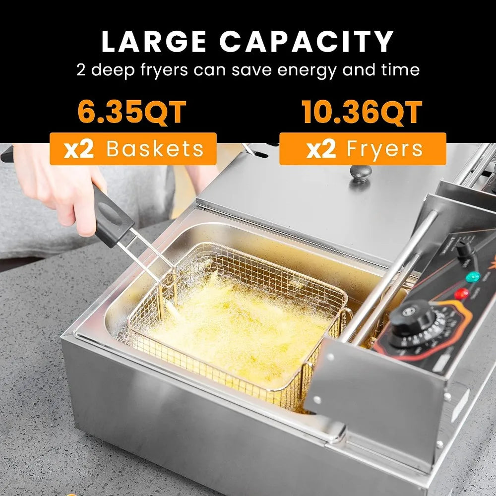 110V 20.7 Qt Commercial Electric Deep Fryer with 2 x 6.35 QT Removable Baskets, Overheat Protection