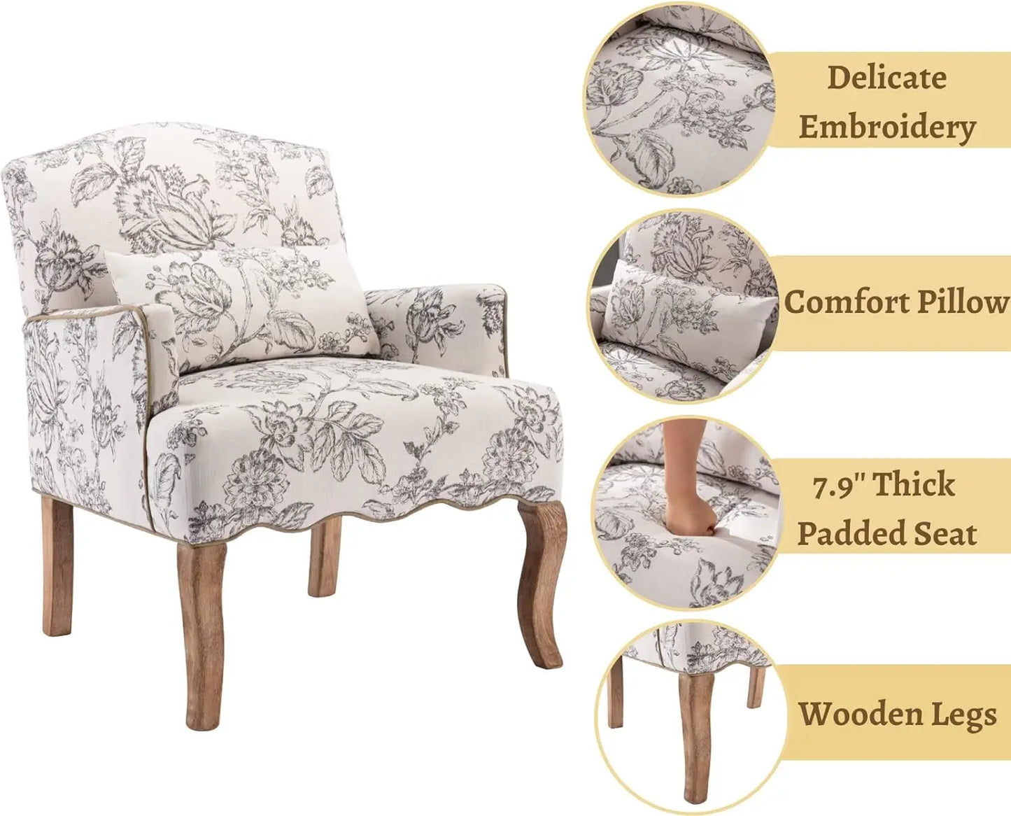 Mid Century Accent Chair Modern Floral Armchair Wingback Club Chair Upholstered Fabric Single Sofa Lounge Chair with Pill