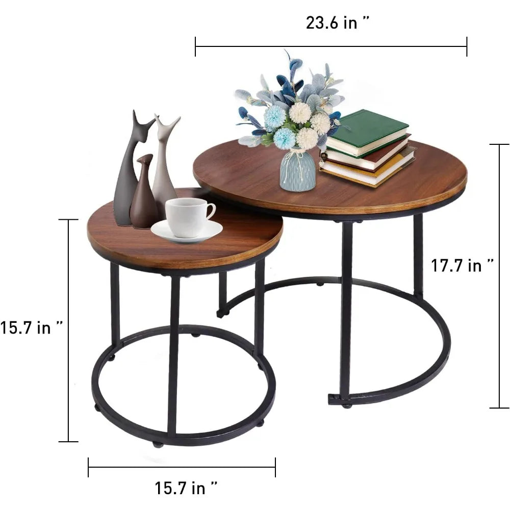 Coffee Table Nesting Set of 2 Round End Table Accent Side Stacking Tables with Sturdy Metal Frame,Modern Living Room Table