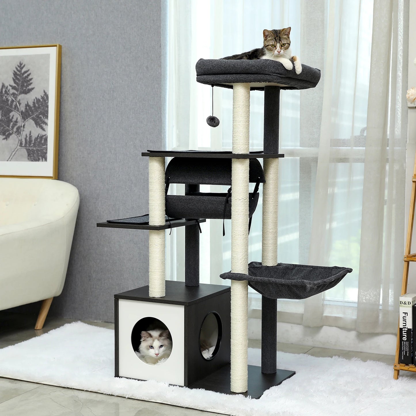 Height 130.5CM Cat Tree Condo Multi-Level Platform Tower Sisal Scratching Post for Kitten Cat Climber Perches Tunnel Hummock Bed