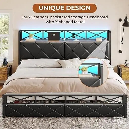 King Bed Frame with Hidden Storage Headboard Outlet 2Drawers&Led Metal Platform,Double beds for adults and teenagers, single bed
