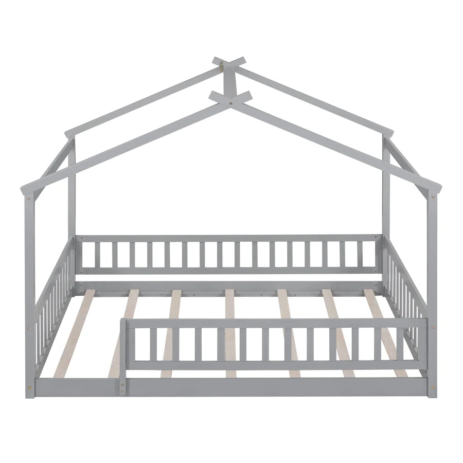 Full Size Wood Bed,House Bed Frame with Fence and roof,Playhouse Design kids bed,simple house bed for Kids,Teens,Girls,Boys