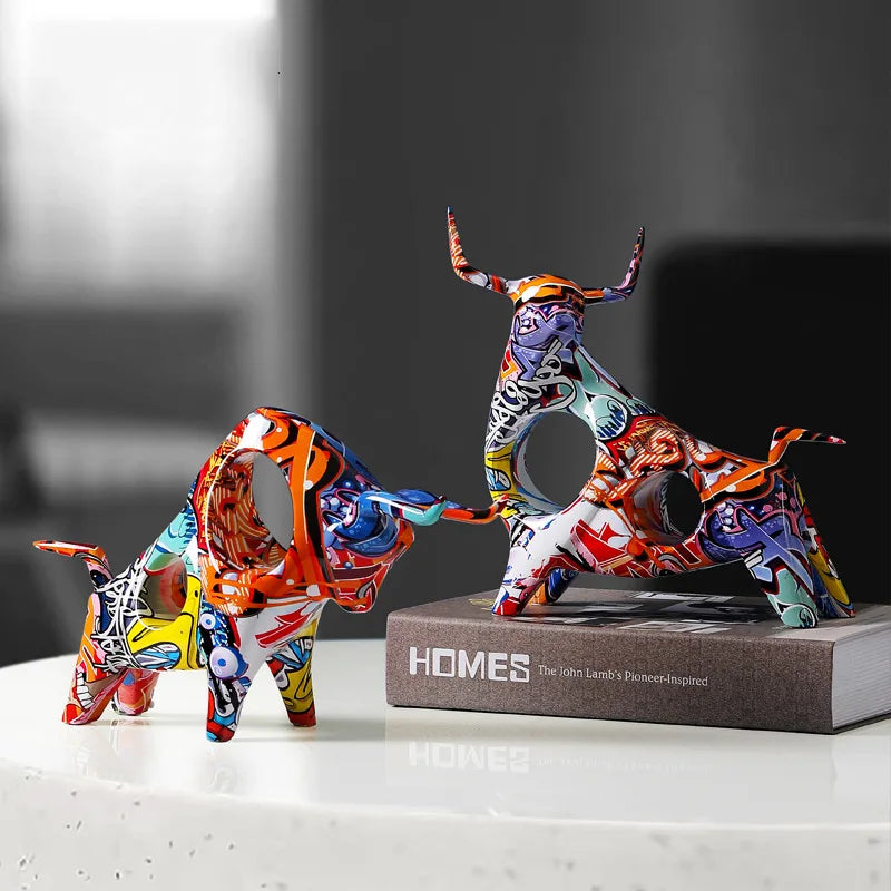 Art Colorful Bull Sculpture Resin Animal Statue Modern Art Graffiti Home Living Room Decor Desk Aesthetics Room Decor Gift