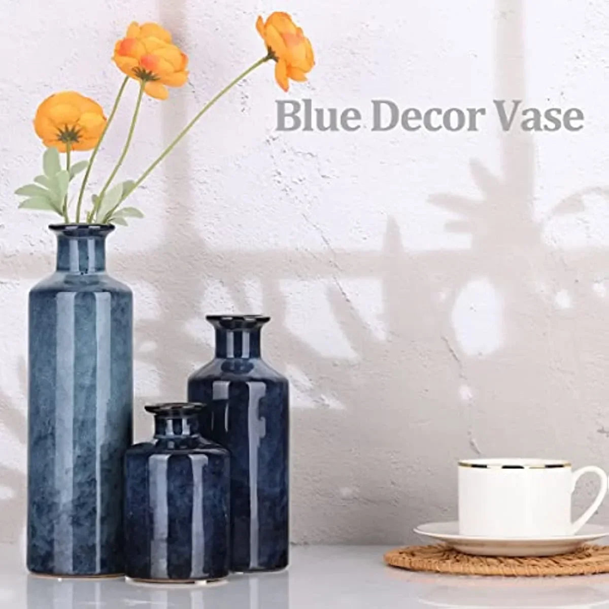 Blue Ceramic Vases Set 3 Blue Small Vase Farmhouse Country Blue Vases Home Decor Living Room Decoration Table Decoration Modern