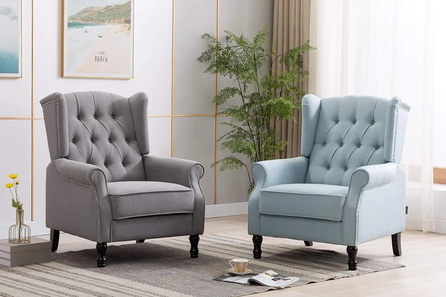 Winged Fabric Modern Accent Chair Tufted Arm Club Chair Linen Single Sofa with Wooden Legs Comfy Upholstered for Rea