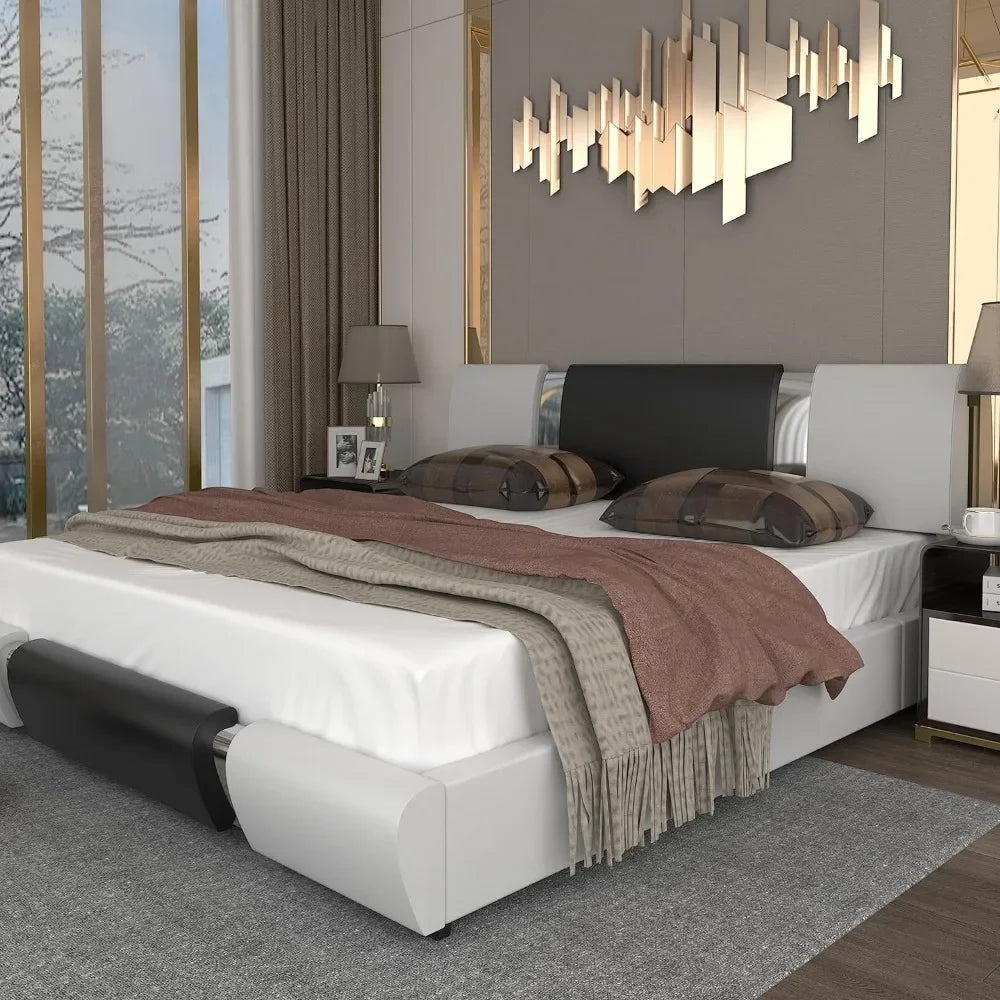 queen size bed frame, With faux leather upholstered headboard and wood slat support, Heavy duty mattress base,White & Black