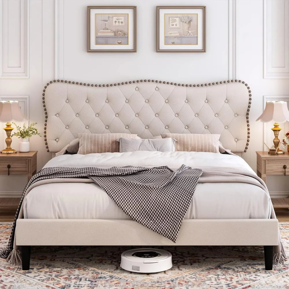 Bed Frame, Linen Fabric Upholstered Platform with Adjustable Headboard, Diamond Tufted Mattress Foundation with Wood Slats