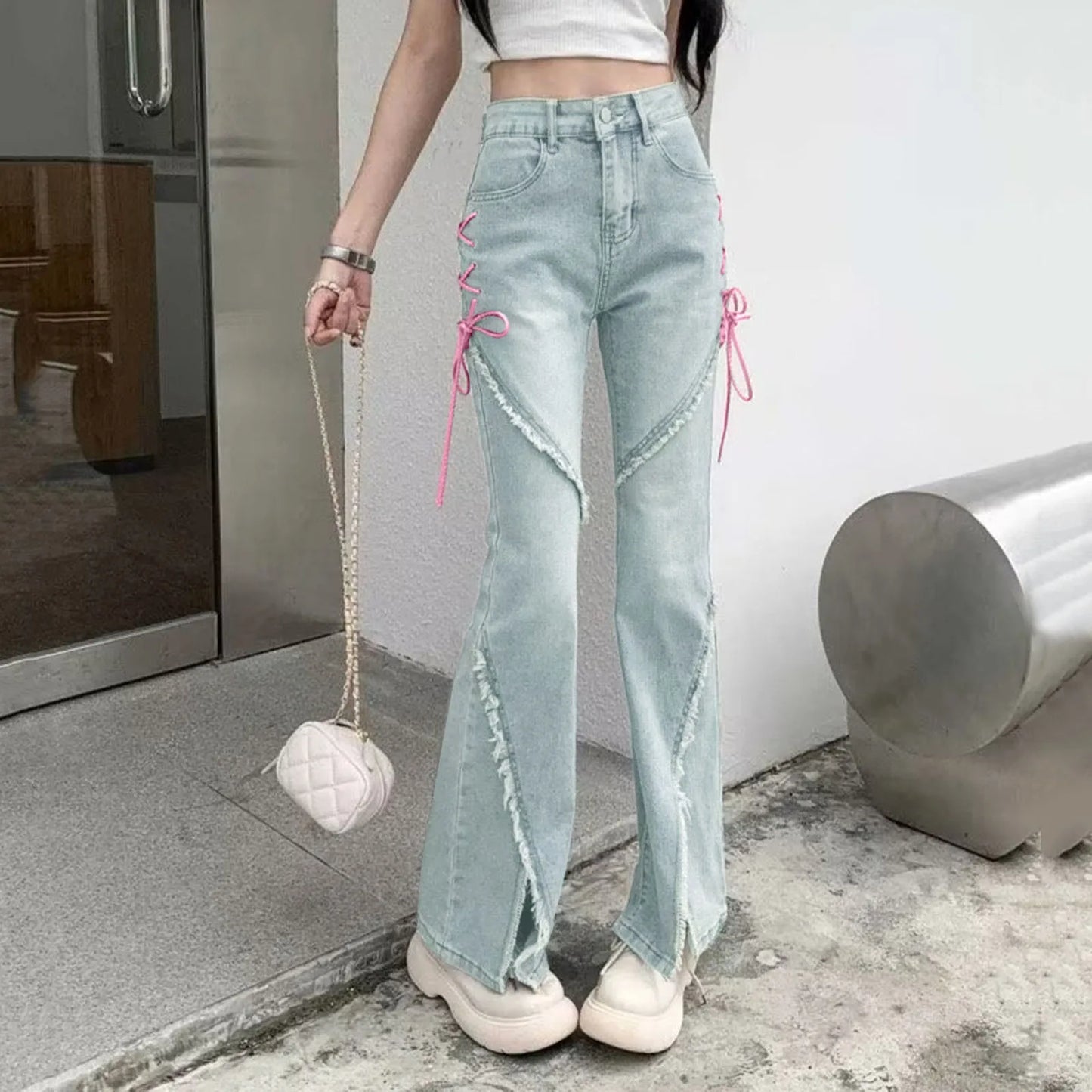 Women Flared Jeans Retro Ripped Fringe Split Y2K Denim Pants Clothes Korean Streetwear Fashion High Waist Boot Cut Jeans Trouser