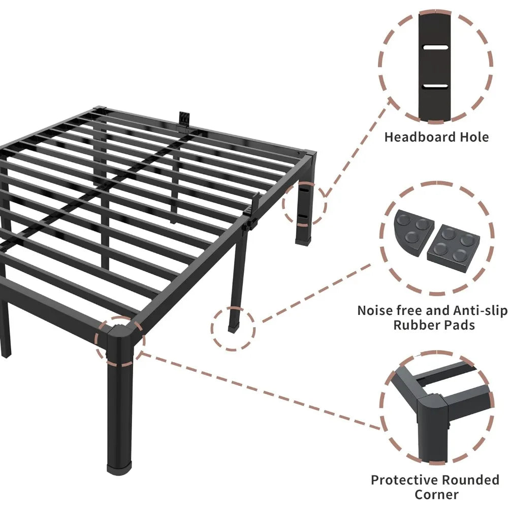 Beds 14 inch Metal Queen Bed Frame with Rounded Corner and Headboard Hole Mattress Retainers 3500LBS Steel Slats No Box Spring