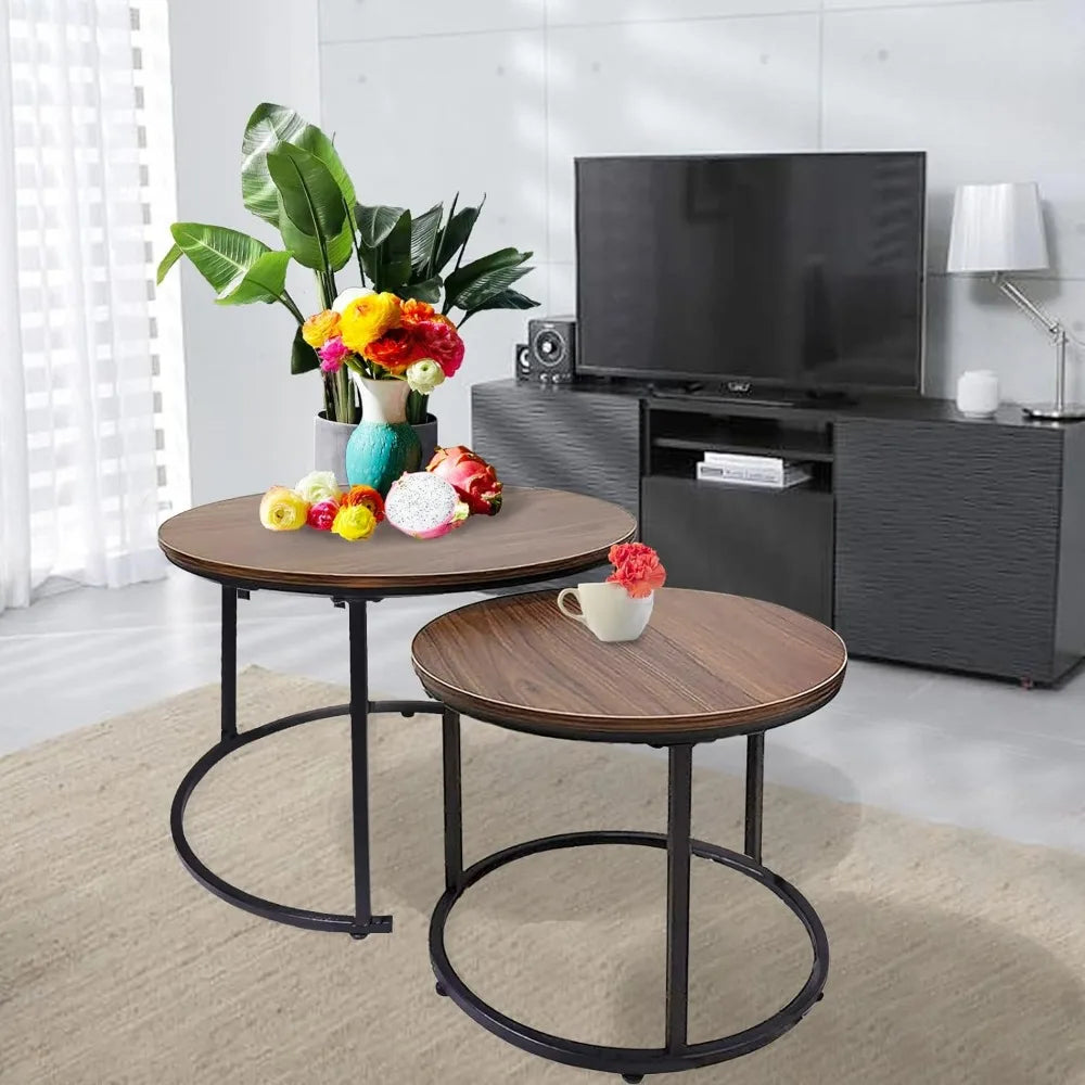 Coffee Table Nesting Set of 2 Round End Table Accent Side Stacking Tables with Sturdy Metal Frame,Modern Living Room Table