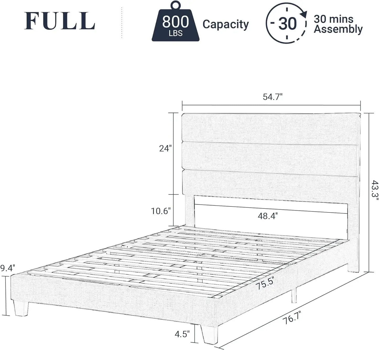Full/Queen/King Size Platform Bed Frame with Fabric Upholstered Headboard, Wooden Slats Support, Upholstered Mattress Foundation