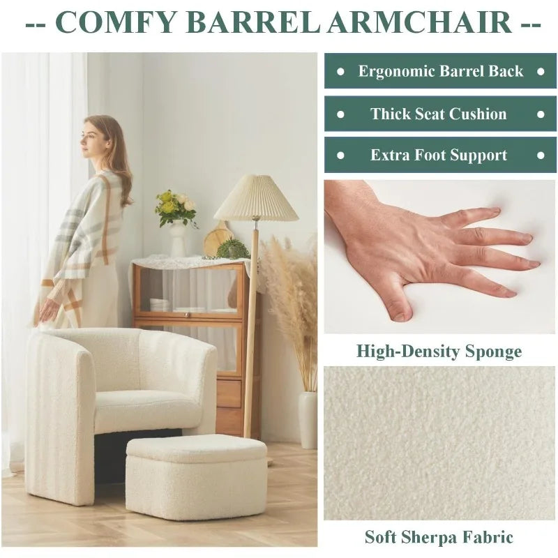 Upholstered Sherpa Chair with Ottoman Set of 2, Modern Single Sofa Accent Lounge Chair Armchair Club Chair .
