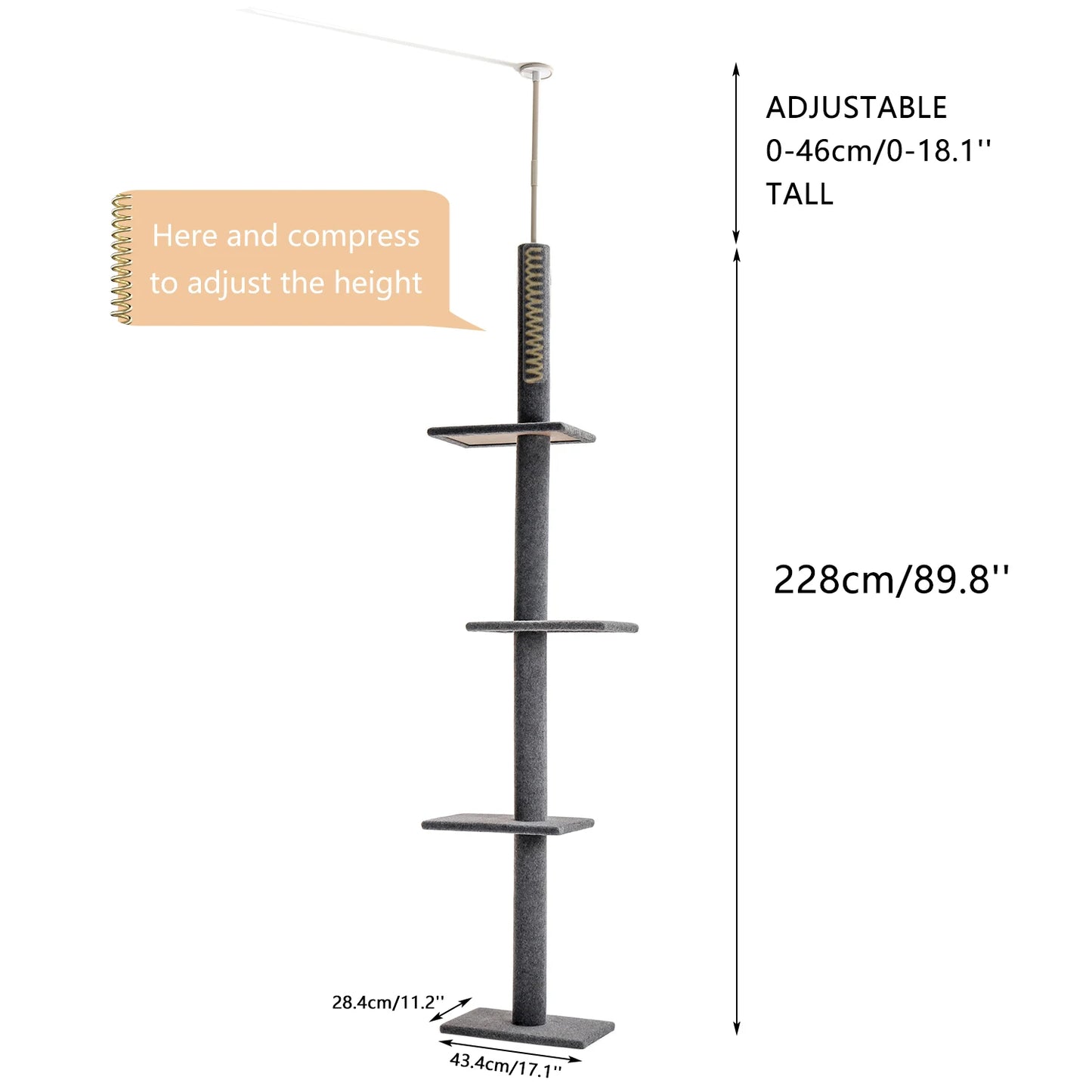 H228-274CM Floor to Ceiling Cat Tree Large Condo 5Level Tower Adjustable Stable Climbing Tree with Scratching Post Dangling Ball