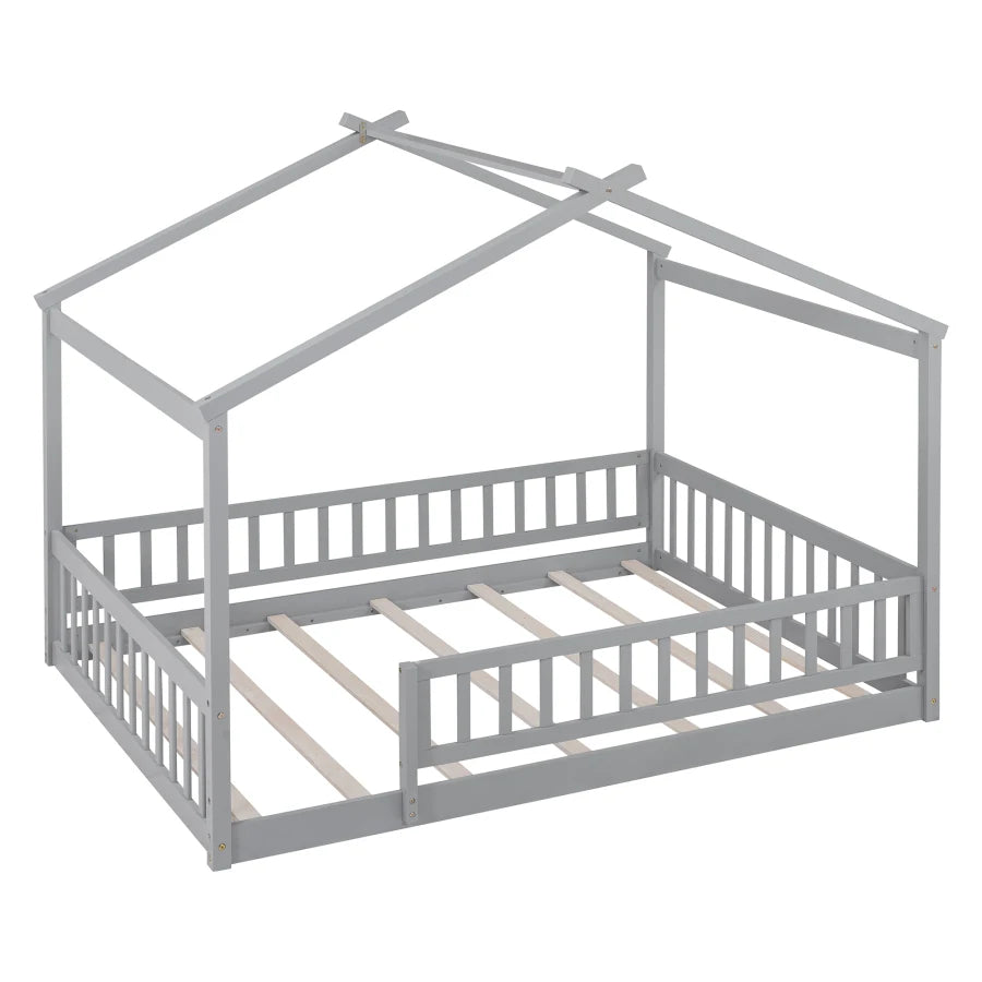 Full Size Wood Bed,House Bed Frame with Fence and roof,Playhouse Design kids bed,simple house bed for Kids,Teens,Girls,Boys