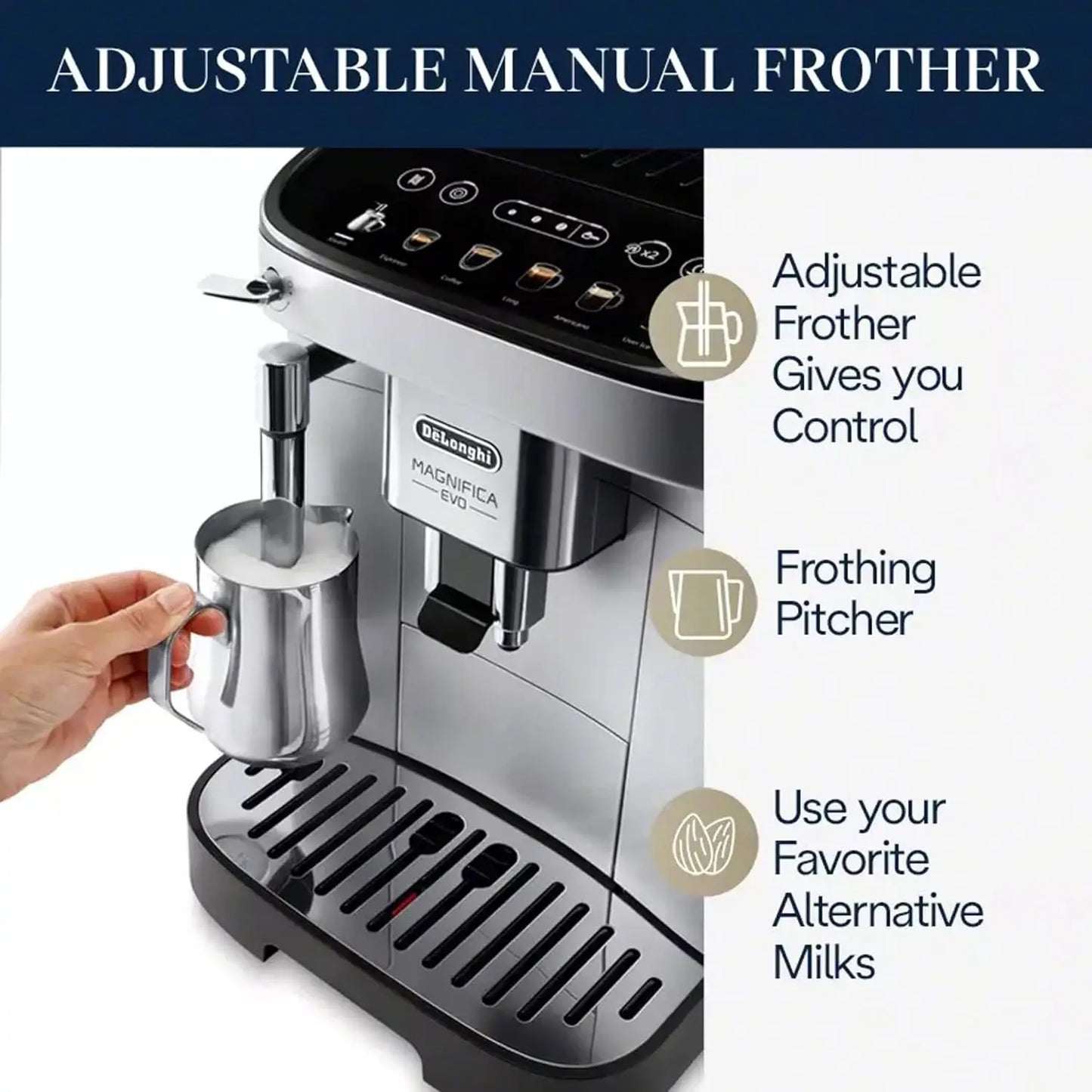 Magnifica Evo, Fully Automatic Machine Bean to Cup Espresso Cappuccino and Iced Coffee Maker, Colored Touch Display, Black