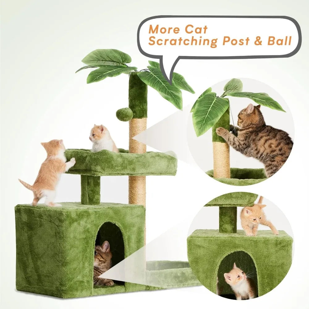 TSCOMON 31.5" Cat Tree / Tower for Indoor Cats with Green Leaves, Cat Condo Cozy Plush Cat House with Hang Ball and Leaf Shape