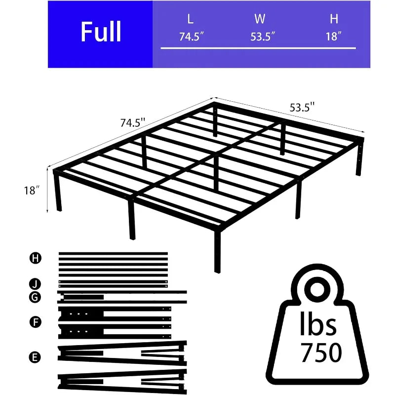 DERYONI 18 inch Full Size Bed Frame No Box Spring Needed Heavy Duty Platform Metal Bed Frame