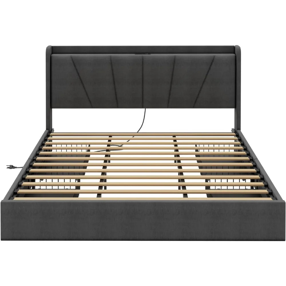 King Size Bed Frame and Upholstered Headboard, Sturdy, Noiseless, Easy Assembly, Platform Bed with Storage Drawers and Outlets