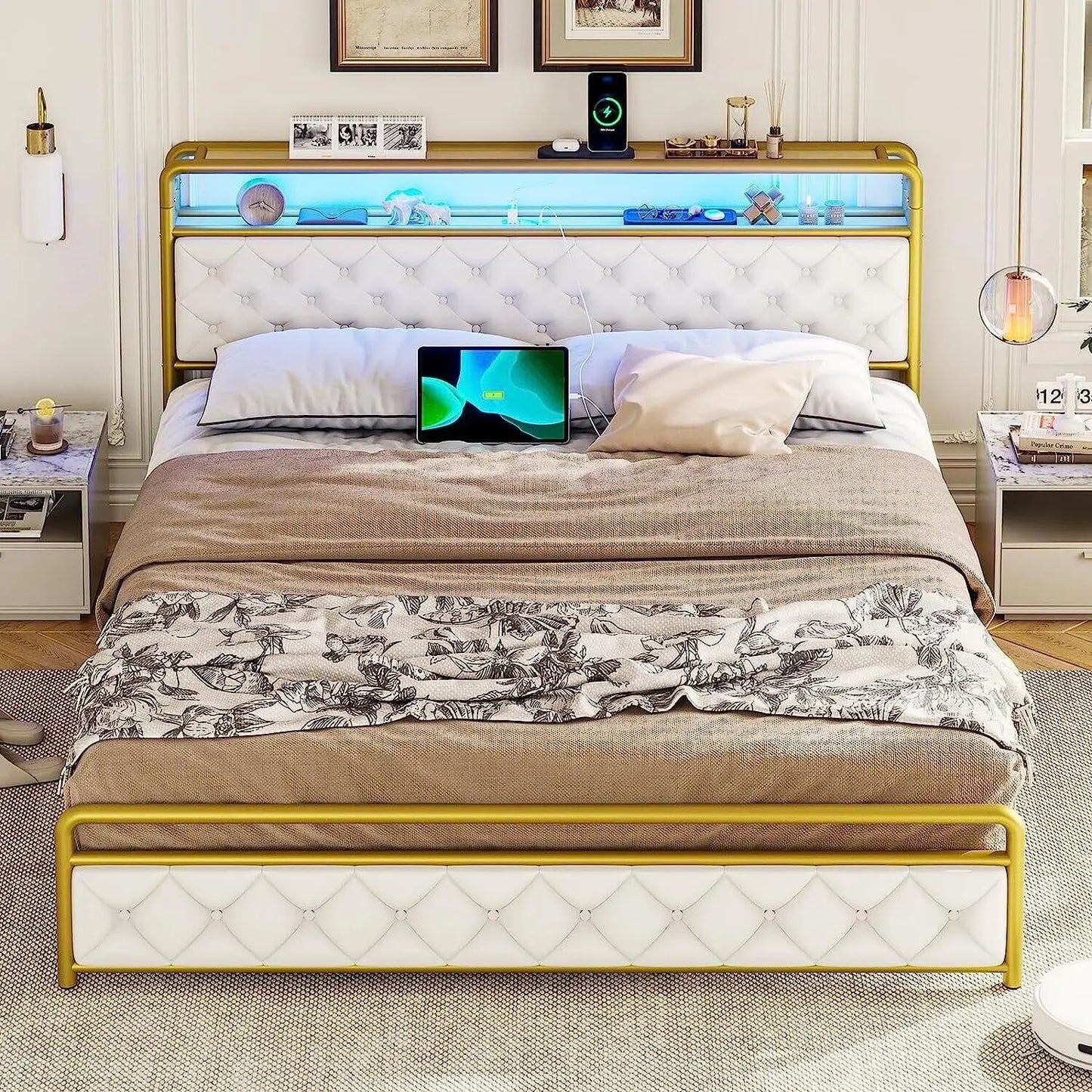 King/Queen Size LED Bed Frame with Storage Headboard with USB and Shelf,Modern style Upholstered Platform Bed Frame,for bedroom