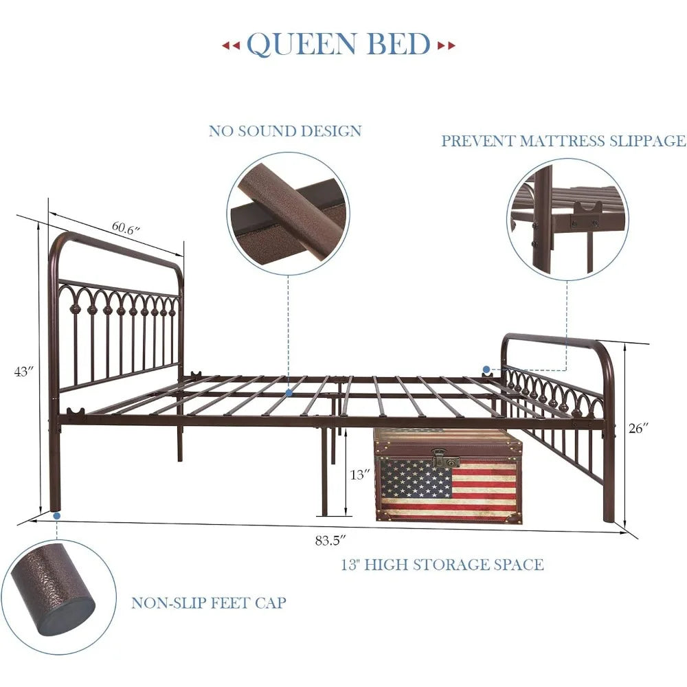 Vintage Sturdy Queen Size Metal Bed Frame with Headboard and Footboard Basic Bed Frame No Box Spring Needed,Antique Brown.