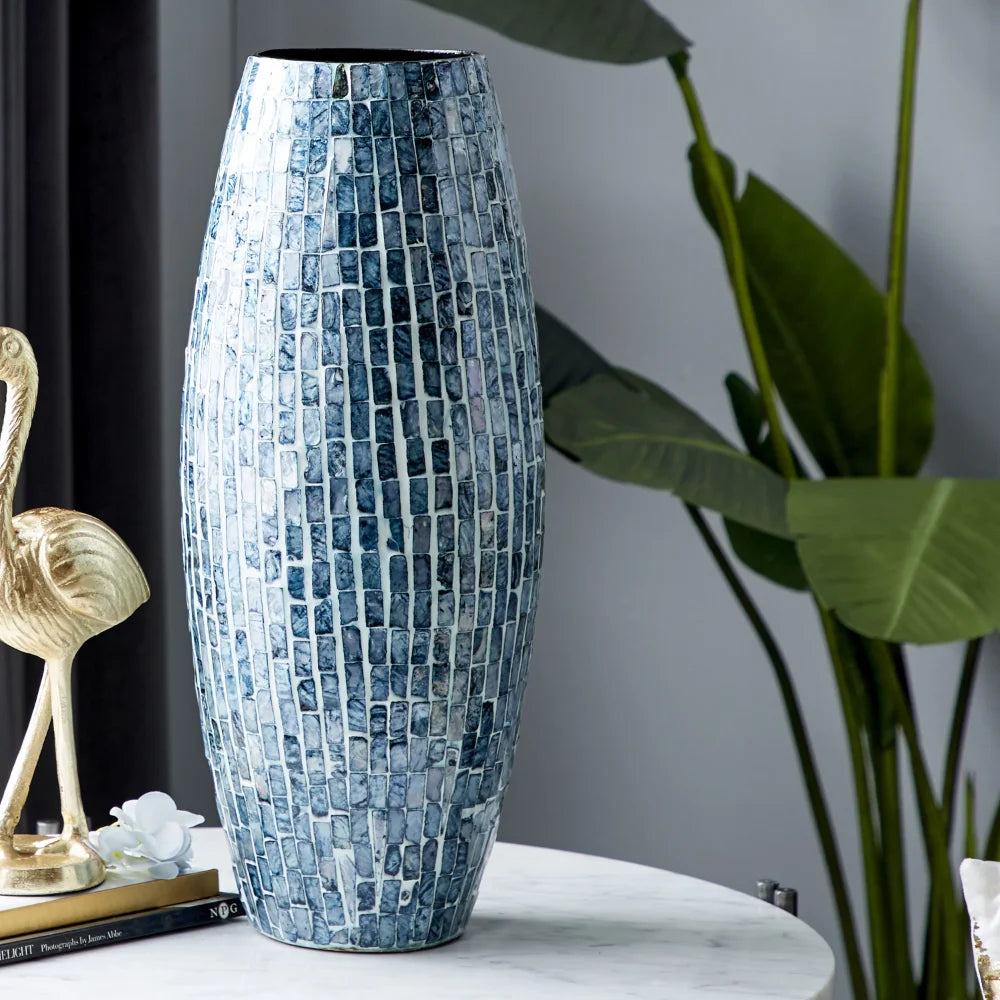 BOUSSAC 19" Handmade Blue Mother of Pearl Vase, Living Room Decoration, Flower Vase, Ceramic Vase Home Decoration