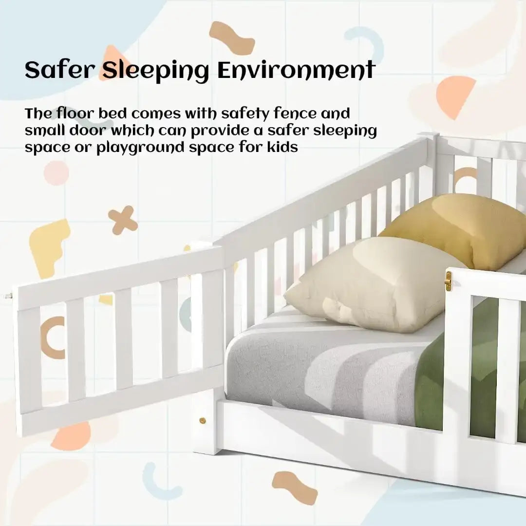 Full Floor Bed Frame for Kids, Montessori Floor Bed with Fence and Wood Slats, Low Wood Platform Beds for Girls Boys Kids, White